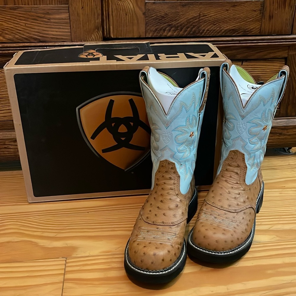 Ariat ProBaby Cognac Ostrich Print/Light Blue